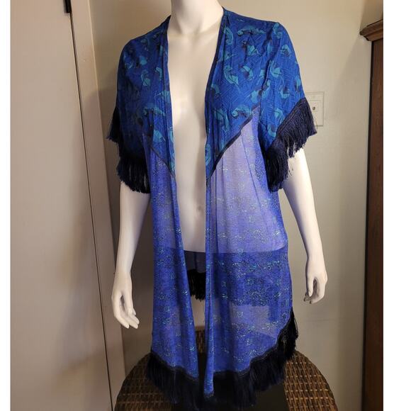 Maaji Fringe Robe Shawl Beach Cover-Up Small Graphic  Dark Floral Indie Boho - Picture 8 of 10